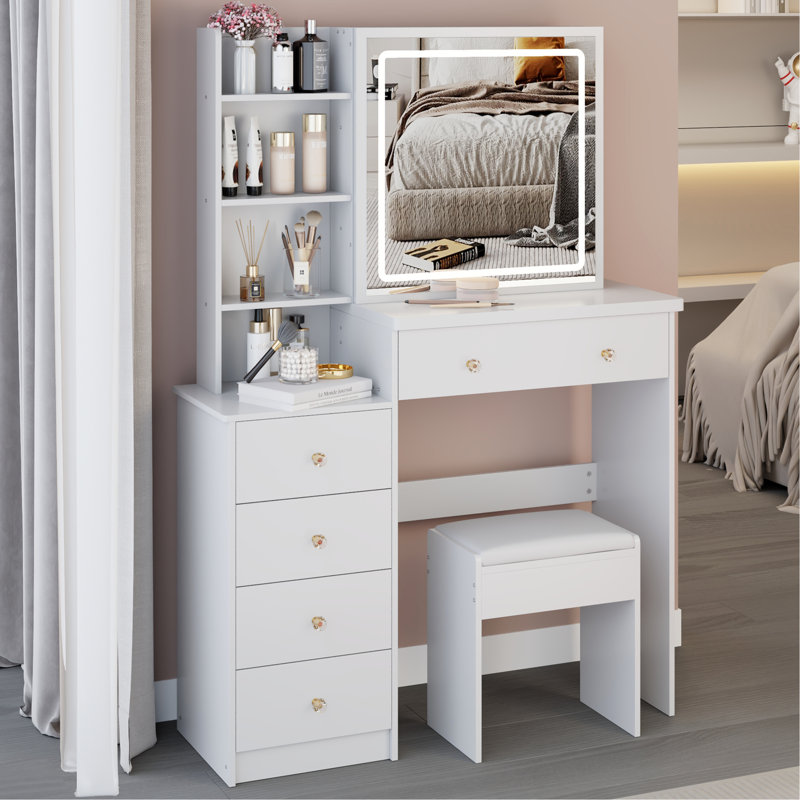 Ensemble de coiffeuse 37 "avec miroir coulissant à DEL et prise de courant - Ensemble de coiffeuse lumineuse avec tabouret