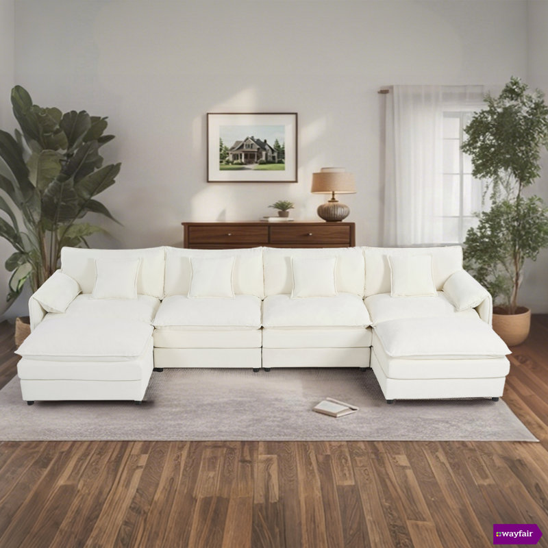 Nyerere 143.31"W Modern Chenille Comfy Modular Seat,Deep Seat Sectional Sofa Cloud Couch With Two Ottomans, Beige Chenille