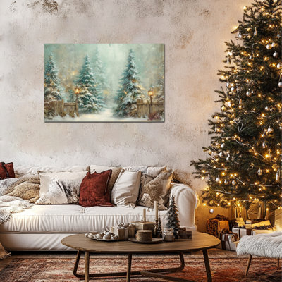 Large Winter Landscape Wall Art - Snowy Christmas Tree Pictures Wall Decor, Vintage Christmas Paintings for Living Room, Holiday Art Prints for Home Wrapped Canvas Print, 36×48 inches