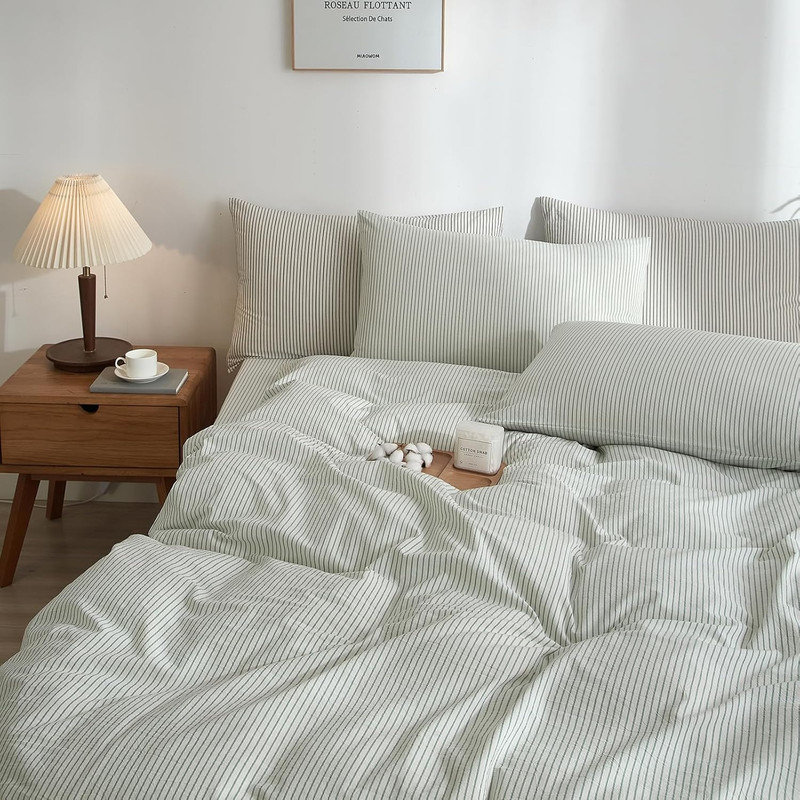 LIFETOWN Striped Duvet Cover Set,3 Pcs Breathable Durable 100% Washed Cotton Comforter Cover for All Seasons, Chic Linen Like Textured Bedding Set.