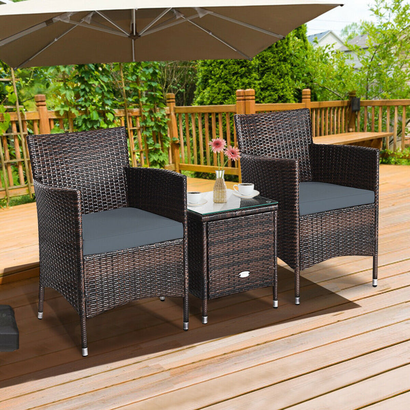 Ensemble de conversation en rotin pour patio avec coussins de 3 pièces Ailith, gris