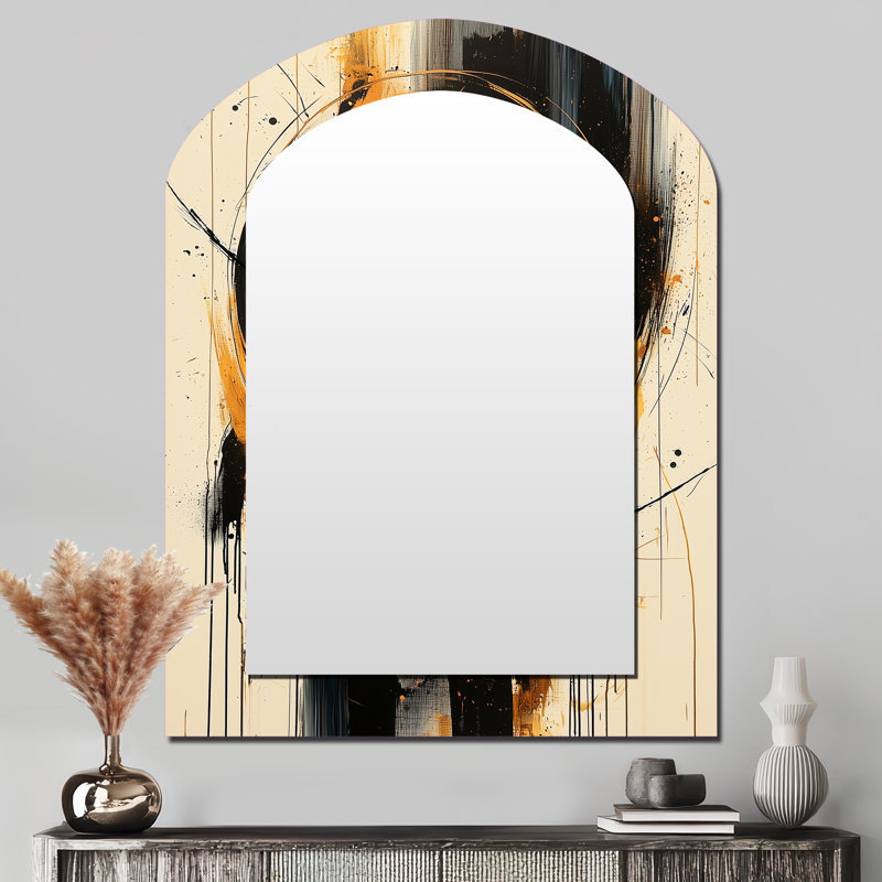 Cercle abstrait en tons de bleu et or III - Miroir mural moderne, 43 po x 33 po