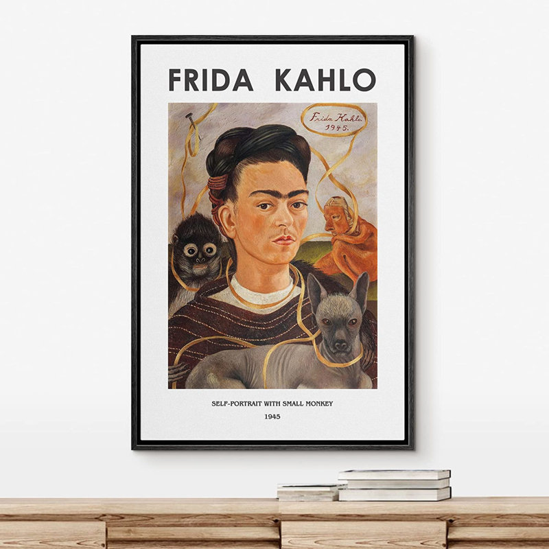 Art mural classique, impression sur toile, autoportrait avec petit singe par Frida Kahlo, H 36 po x l 24 po, Noir