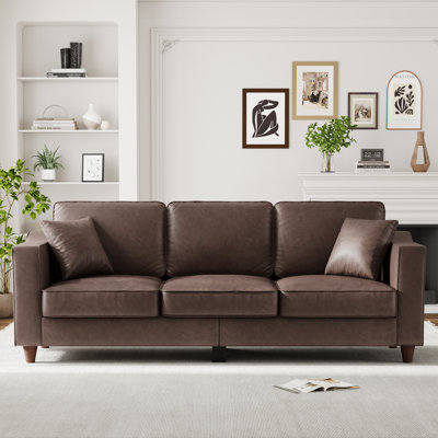 3 Seater Faux Leather Sofa Couch, 85-Inch Mid-Century Modern Sofa with Deep Seats & Wide Armrests, Sturdy Wood Frame & Legs, Easy-Clean PU Leather Couch for Living Room, Office, Dorm, Brown