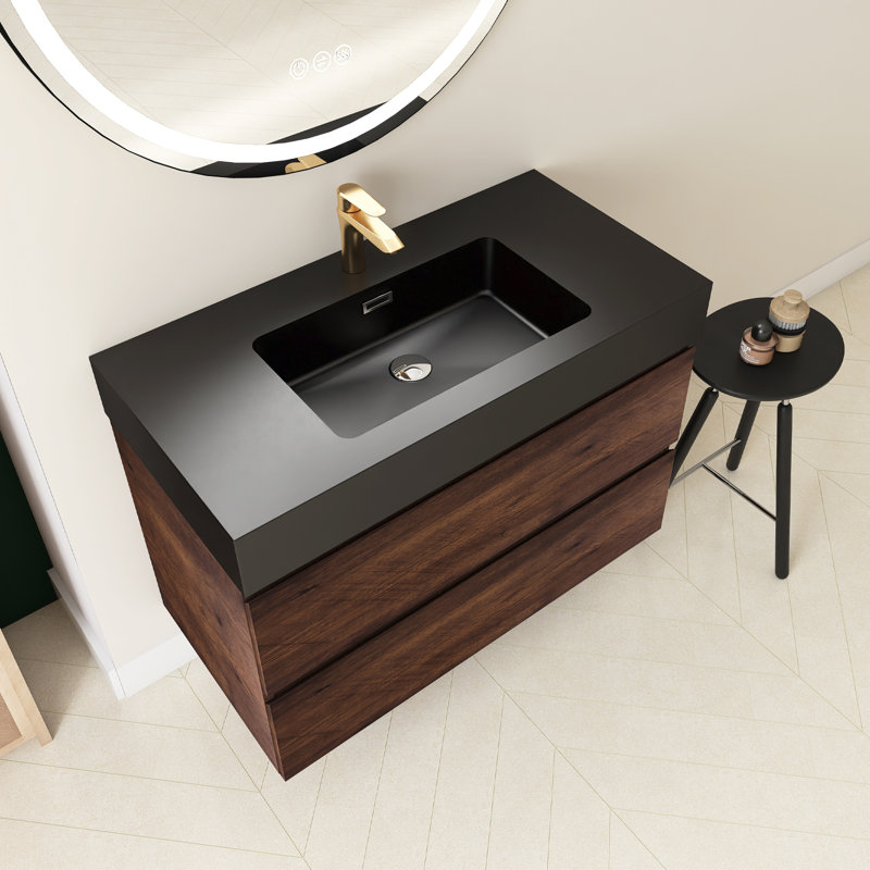 Meuble-lavabo simple 36 po avec plateau Semyah, Noyer, Noir