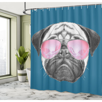 Ambesonne Pug Shower Curtain Dog Portrait Sunglasses Funny -  sc_332561