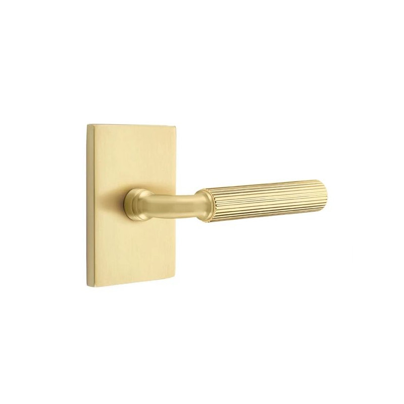 Select Passage Interior Mortise w/ Modern Rectangular Rosette & R-Bar Stem, Str. Knurled Lever, Right, Satin Brass