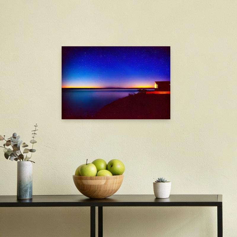 Tableau mural « Cabane sous les étoiles » : Paysage côtier coloré, paisible et serein, H 12 po x l 18 po