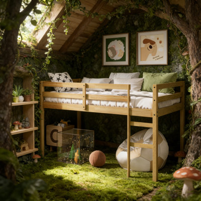 Twin-Size Solid Wood Low Loft Bed With Ladder