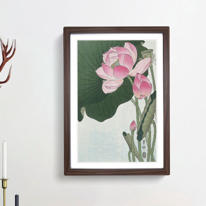 Pink Lotus Flower by Ohara Koson - Picture Frame Painting Print, 36cm H x 27cm W x 2cm D, Walnut Framed
