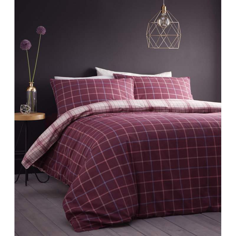 Cotton 64 TC Reversible Duvet Cover Set, Double Duvet Cover + 2 Standard Pillowcases, Plum