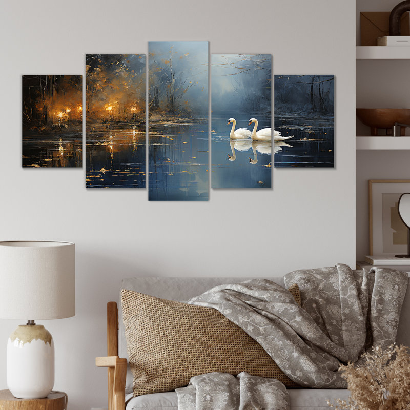 «White Swans» Harmony Moonlight Pond IV - Ensemble d'art mural multi-panneaux Swans