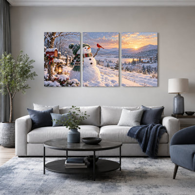 " Snowman With Red Cardinal In Golden Christmas " 3 - Pieces