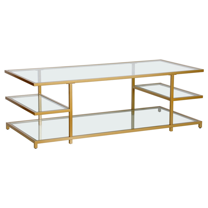 Greenwich 54" Glass And Steel Coffee Table With Three Shelves, Brass