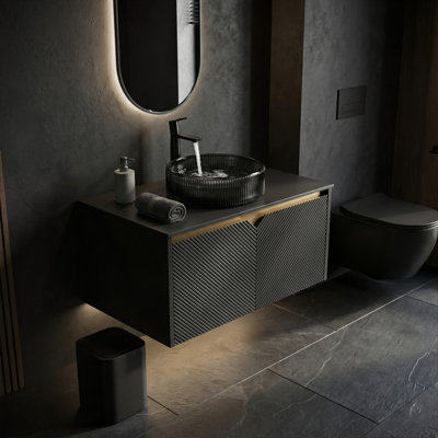 30" Modern Floating Vanity With Black Sintered Stone Top, Geometric Twill Doors With Gold Trim & Choice Of 4 Vessel Sinks (Black)