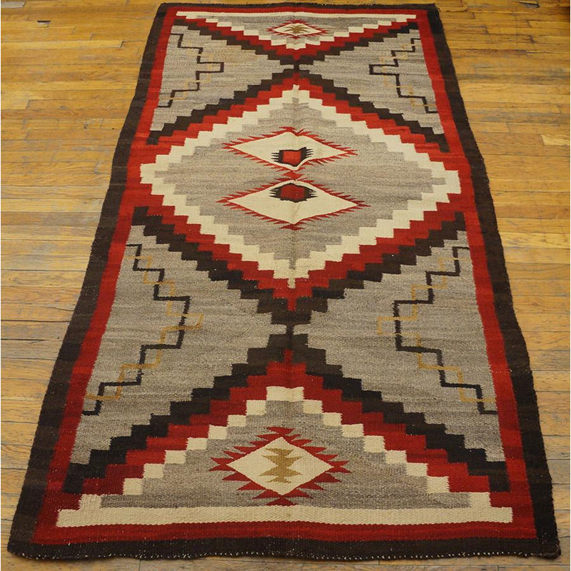 1930s Grey Red Brown Antique Tribal Navajo Rug 3'10"x7'4" Flatwoven Wool Carpet