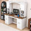 Bureau d'ordinateur arqué moderne avec huche, station de charge intégrée, plateau coulissant et grand espace de rangement-1711227070