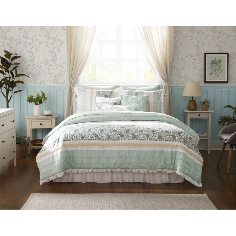 9 Piece Cotton Percale Comforter Set Aqua Queen