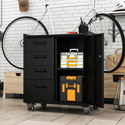 Metal Garage Storage - 35.21"H X 29.09"W 16.97"D Black/Gray With Wheels & Ergonomic Round Tube Handle Solution Adjustable Shelves