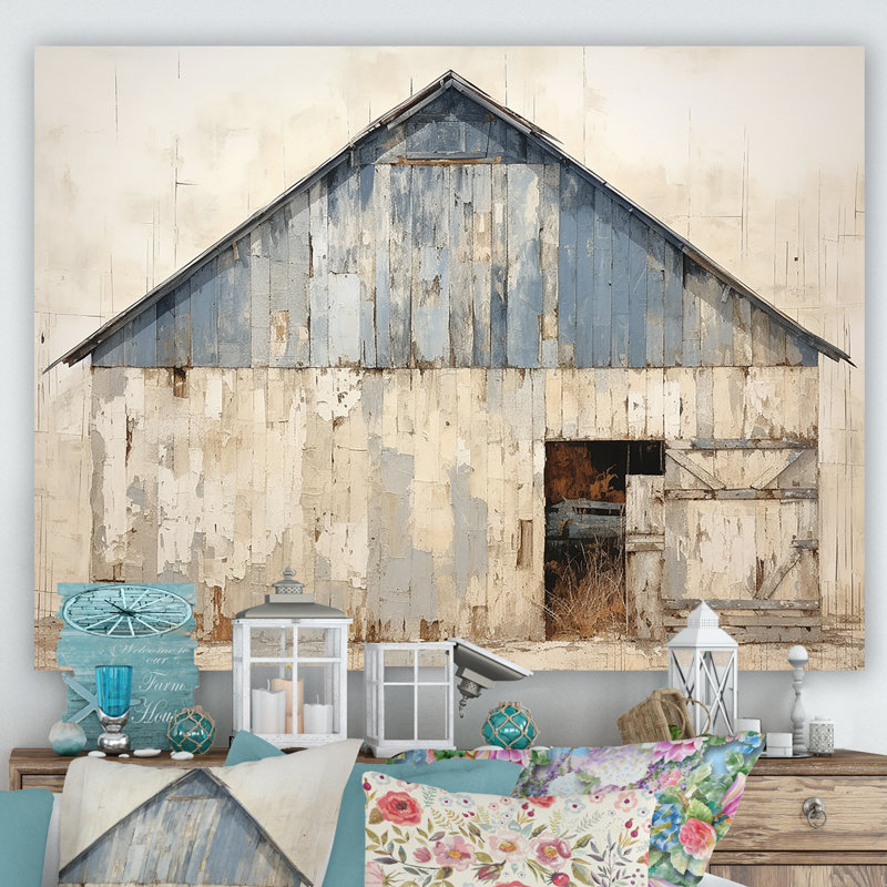 Beige et bleu grange - art mural de grange, Toile tendue, H 24 po x l 32 po x P 1 po