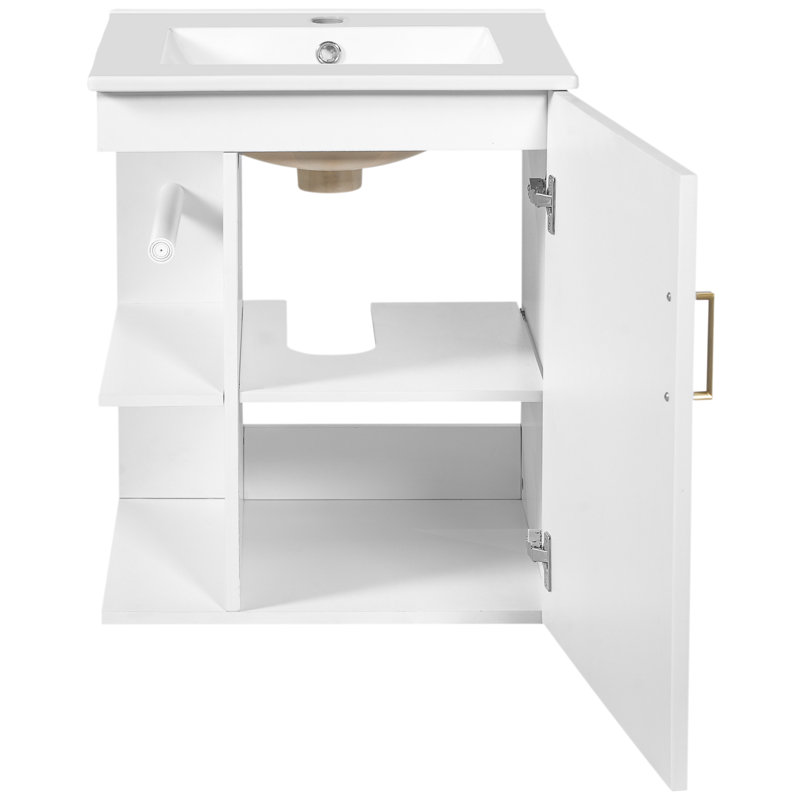 Meuble-lavabo mural de 50 cm (20 po), blanc, moderne, avec lavabo, tablette latérale ouverte et porte-papier hygiénique, matériau résistant à l'eau, solution gain de place