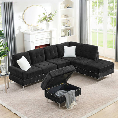 Canapé modulaire 3 places avec méridienne, repose-pieds avec rangement, pieds en métal et clous en cuivre, deux coussins