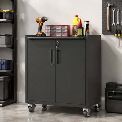 34.65" Lockable Metal Storage Security Cabinet with Wheels, Heavy-Duty Rolling Industrial Cabinet with Adjustable Shelves, Raised Top Fence & Lockable Door for Garage, Office & Home