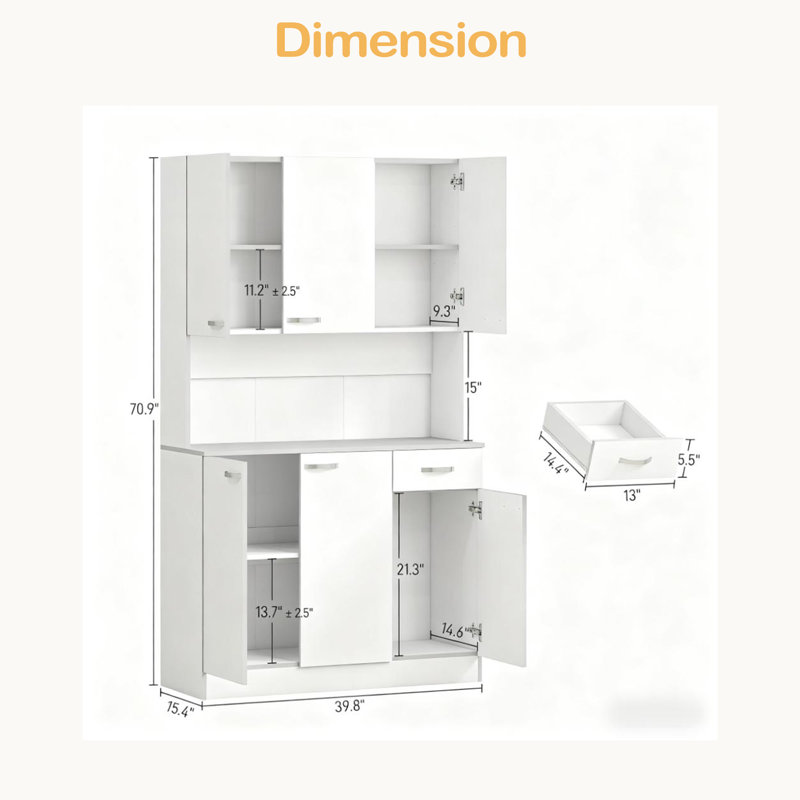 Armoire de cuisine 71 po, armoire de rangement haute avec support pour micro-ondes, huche de cuisine moderne avec comptoir, 6 portes, tiroir de rangement, 3 tablettes réglables Kitchen Pantry