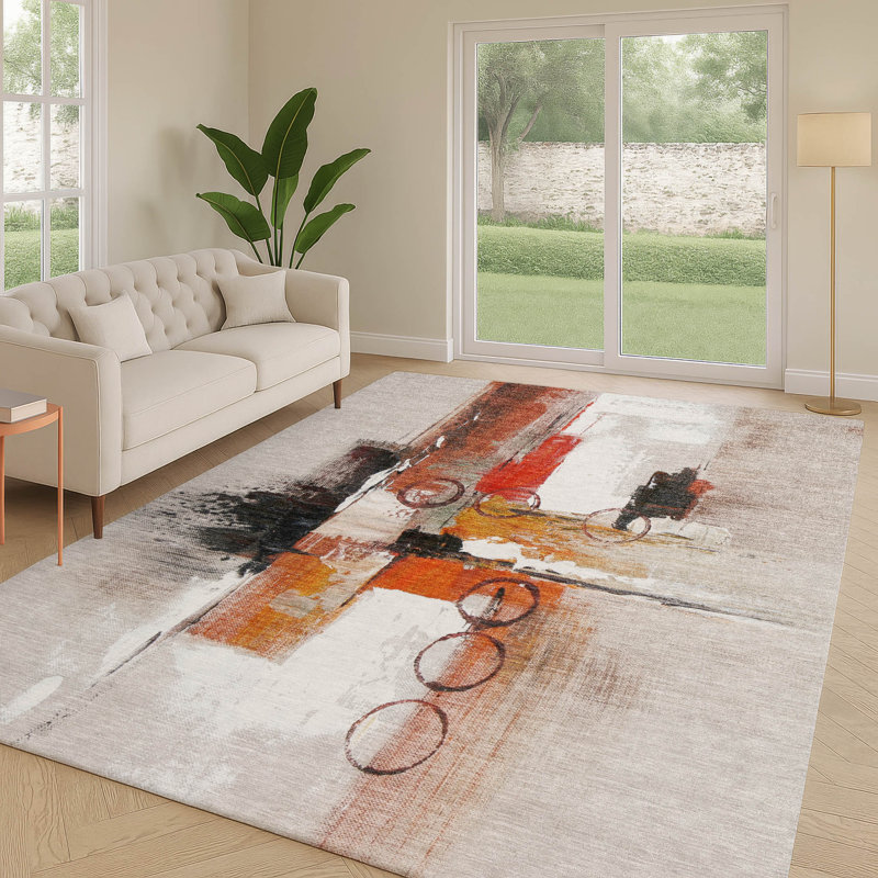 Tapis moderne intérieur / extérieur lavable à la machine ACN2751, Rouge, 9 pi x 12 pi