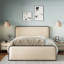 Base de lit en métal beige pour lit très grand, avec tête de lit rembourrée et espace de rangement supplémentaire