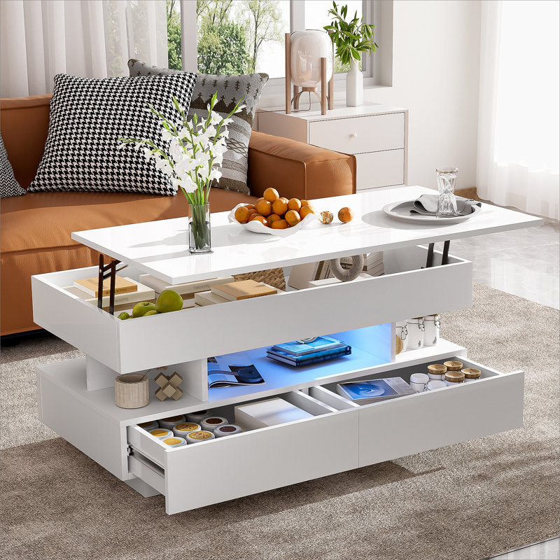 Table basse à plateau relevable avec 2 tiroirs, table basse moderne avec compartiment dissimulé adéquat, table basse à plateau relevable multifonctionnel avec finition ultrabrillante pour le salon