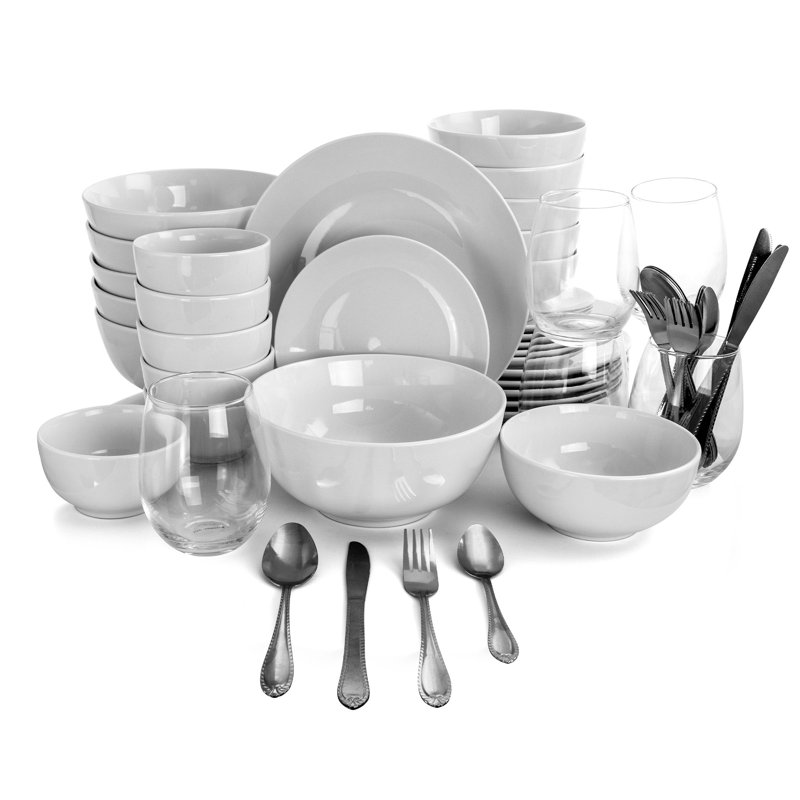 All U Need 60-Piece White Ceramic Dinnerware Set with Silver Flatware