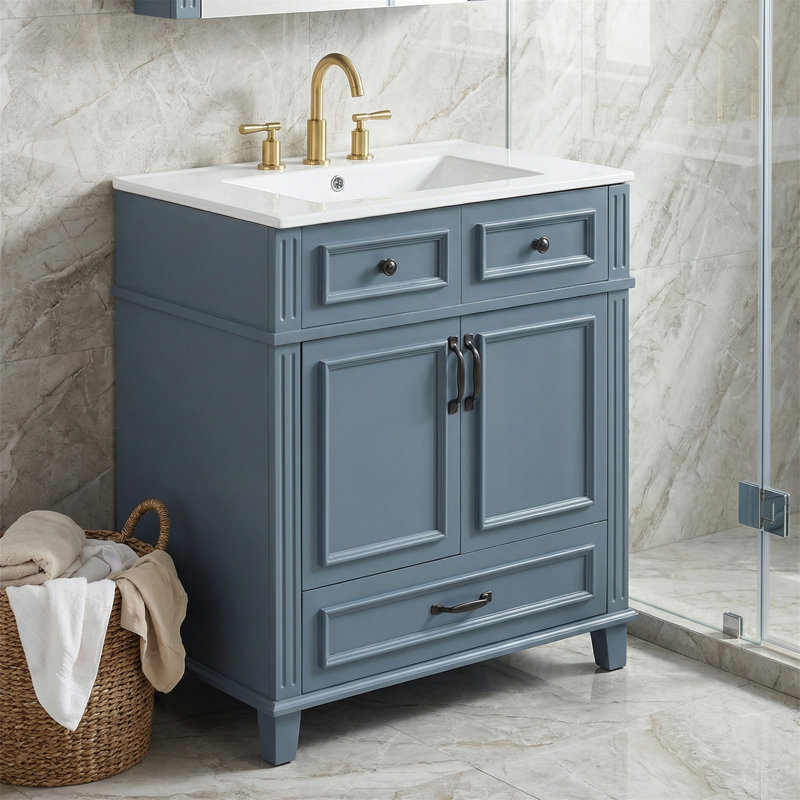 Meuble-lavabo de 30 po avec lavabo en céramique, structure en bois massif, portes à fermeture douce et grand rangement, style rétro bleu - bleu