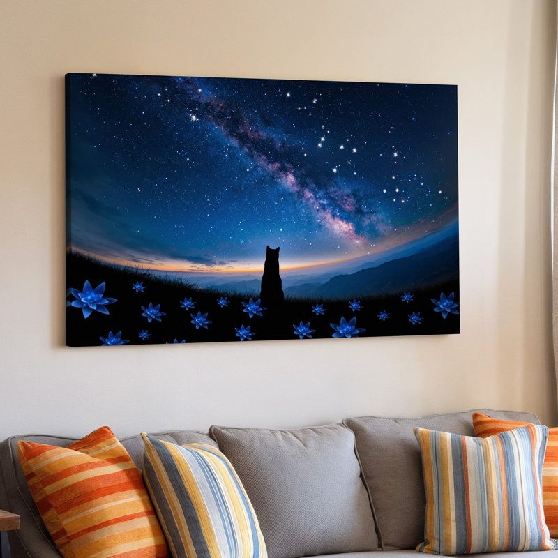 Toile, scène sereine du crépuscule avec une silhouette d'un art mural noir, chat assis gracieusement sur une colline verdoyante entourée d'art sur toile