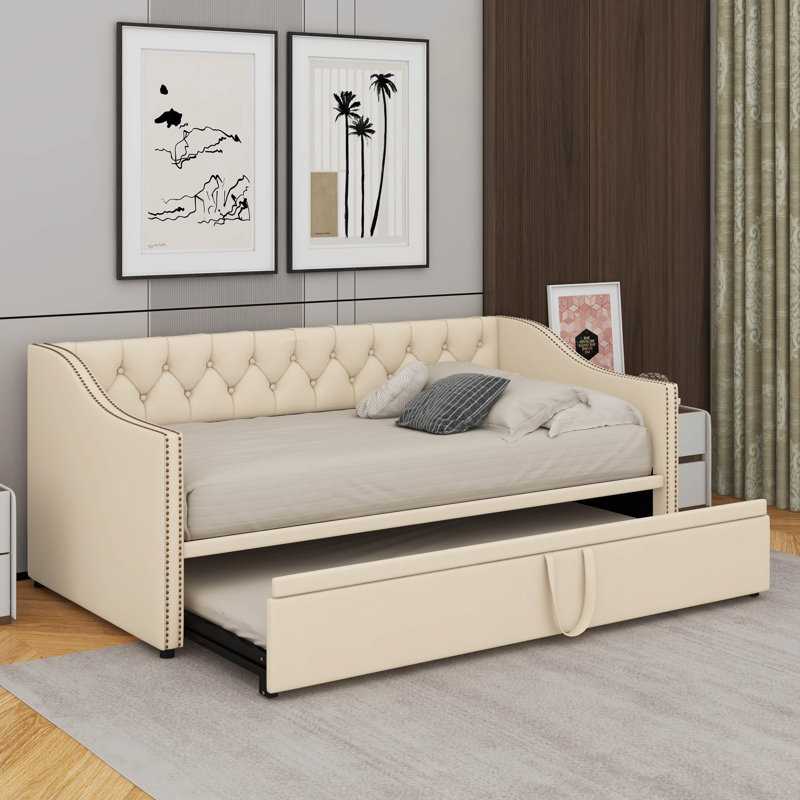Twin Size Upholstered Daybed With Trundle, Beige