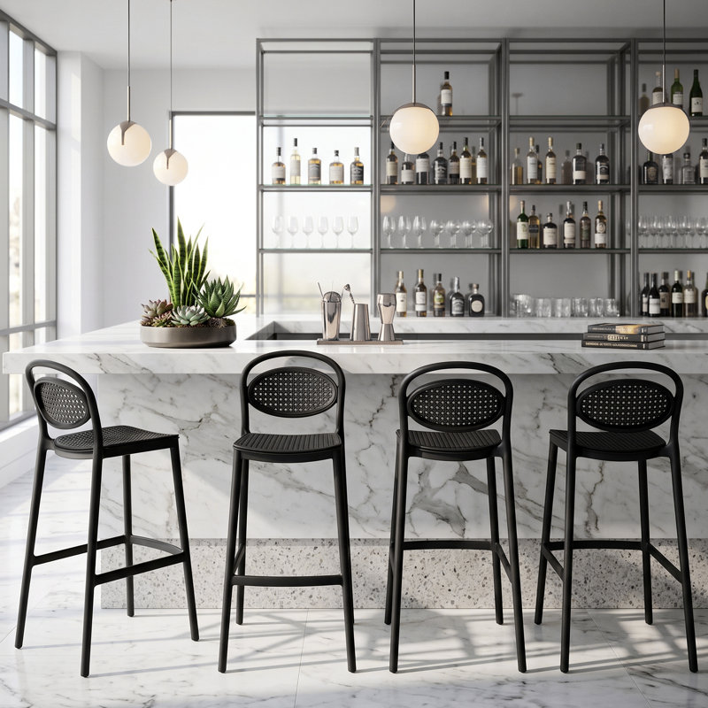 Tabouret de bar empilable de 76 cm (29,9 po), tabouret de comptoir en plastique résistant aux intempéries, sans assemblage, avec dossier et assise imitation rotin pour une utilisation intérieure et extérieure.