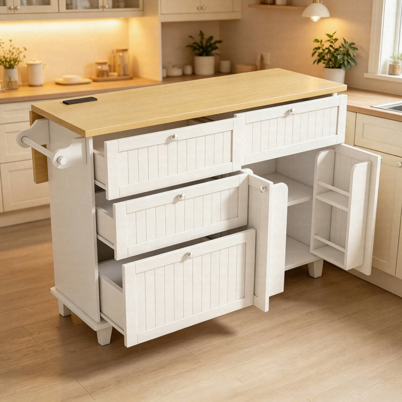 Farmhouse Kitchen Island With Drop Leaf & 2 Stools, Kitchen Table Set With Power Outlet, Storage Cabinet, Drawers, Spice Rack & Towel Bar