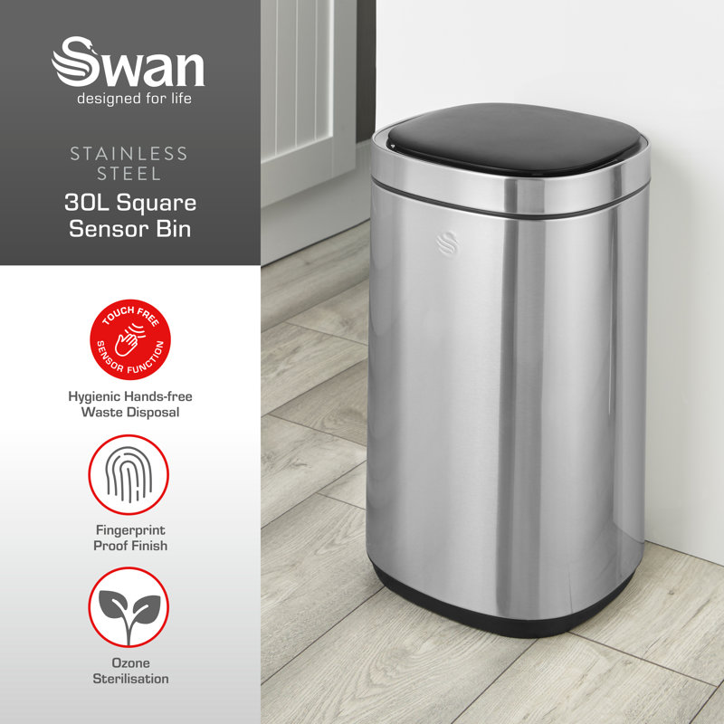 Swan Square Bin with Hands-Free Opening Using Motion Sensor Technology, Ozone Odour Sterilisation, Liner Retainer Ring, Stainless Steel Body, 30L Capacity