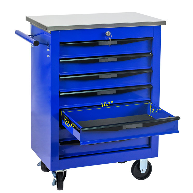 7 tiroirs, chariot à outils en métal, roues, toit en acier inoxydable, entrepôt d'atelier, 4 po, frein de stationnement, glissières de tiroir à roulement, dispositif de verrouillage multifonctionnel, atelier de garage roulant, système de clé