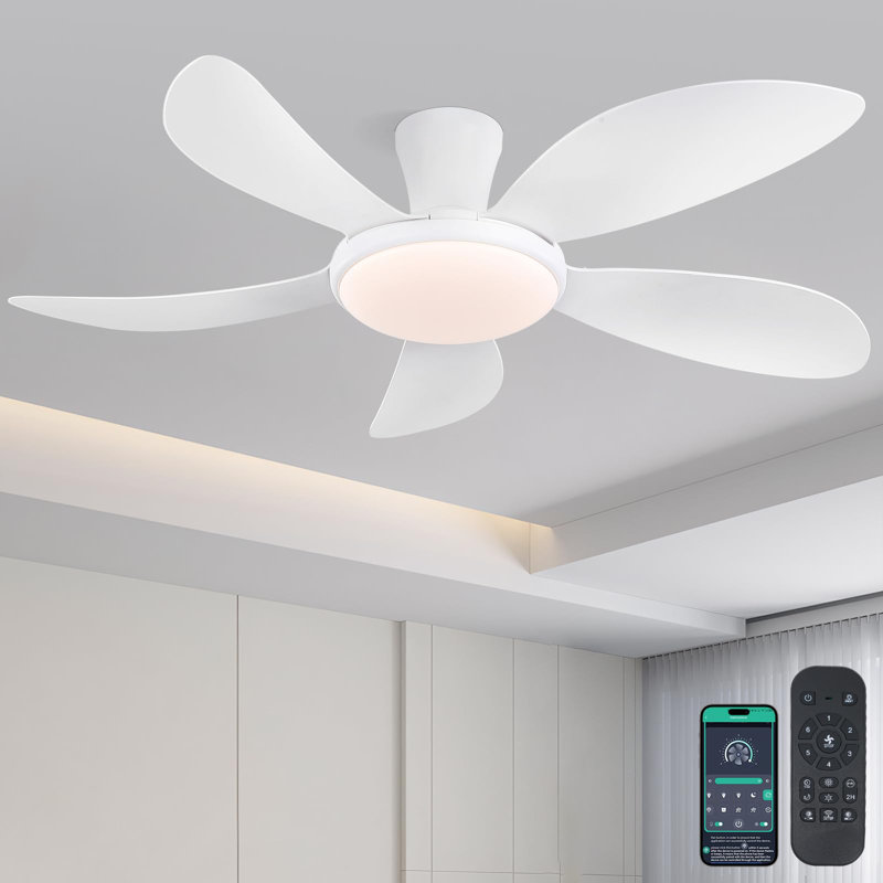 Ventilateurs de plafond modernes à profil bas de 48 pouces à 5 pales avec lumières et télécommande / app, White