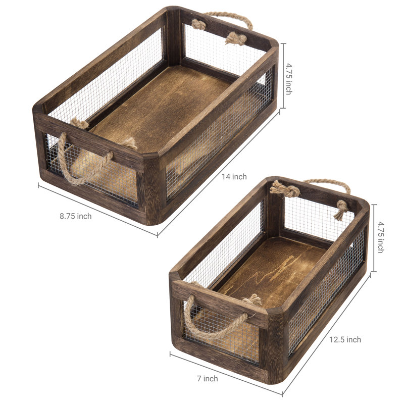 Metal and Solid Wood 2 Piece Decorative Bin Set , Brown