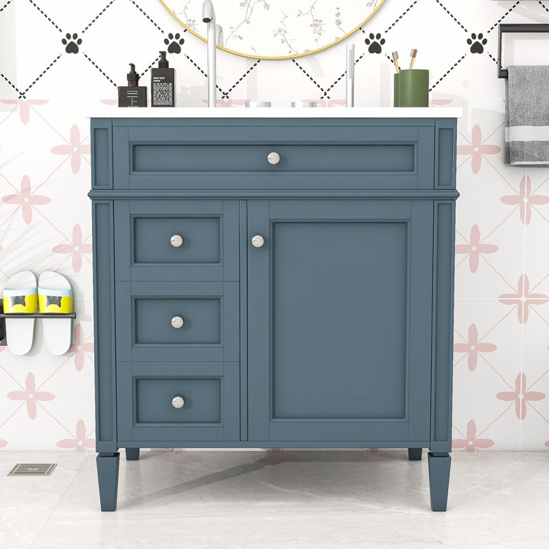 Sriyaan Bathroom Vanity with Ceramic Top, Bathroom Storage Cabinet with 2 Drawers and Tip-out Drawer, Blue, Silver