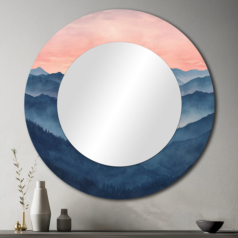 Great Smoky Sunset Layers - Miroir mural rond rose moderne, impression sur métal, 36 po x 36 po