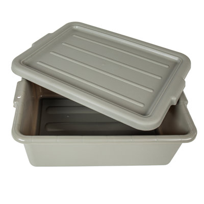 Lot de 6 bacs à viande de 51 x 38 x 18 cm (9 gallons) en plastique gris de qualité alimentaire avec couvercles. Contenants robustes et utilitaires pour la vaisselle, la préparation en cuisine et l'entreposage en restauration.