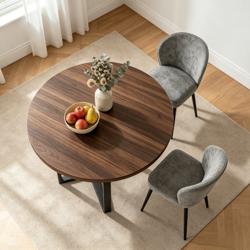 43.3" Round Extendable Dining Table Set For 4, Mid-century Modern Walnut Finish Mdf Kitchen Table With Cross Base & Upholstered Chairs, Space-saving Dining Room Furniture Set