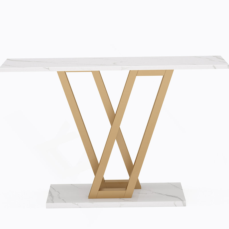 43” Modern Gold Console Table With Faux Marble Top, Narrow Entryway Table With V-Leg Metal Frame, Slim Sofa Table For Hallway, Living Room Or Foyer, White & Gold