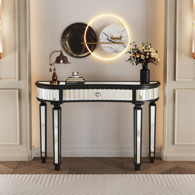 Console demi-lune miroir 119 cm (47 po) x 38 x 78 cm (47,24 x 14,96 x 30,7 po), MDF et verre, ensemble monobloc, noir et argent, tiroir en verre cannelé avec bouton en cristal