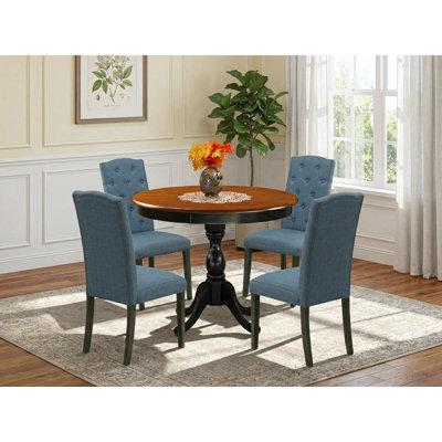 5-Piece Wooden Dining Set Consists of a Wood Kitchen Table and 4 Blue Linen Fabric Parson Chairs with Button Tufted Back - Black Finish