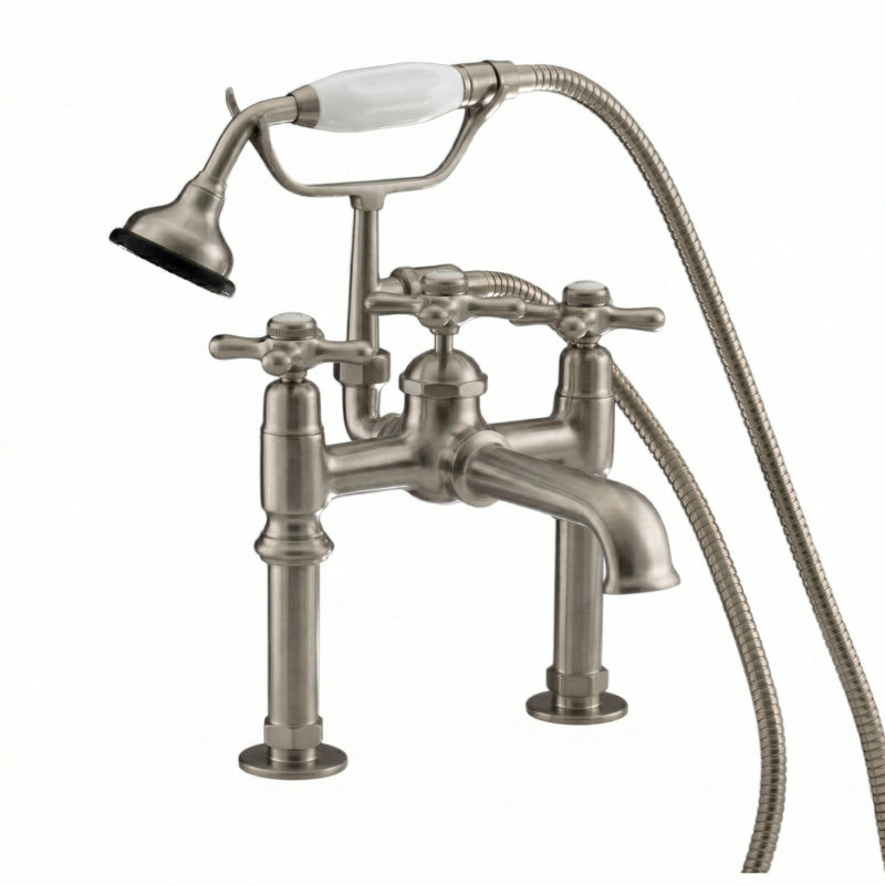 Robinet de baignoire déco P1002 avec poignées en croix et douche à main, Nickel mat