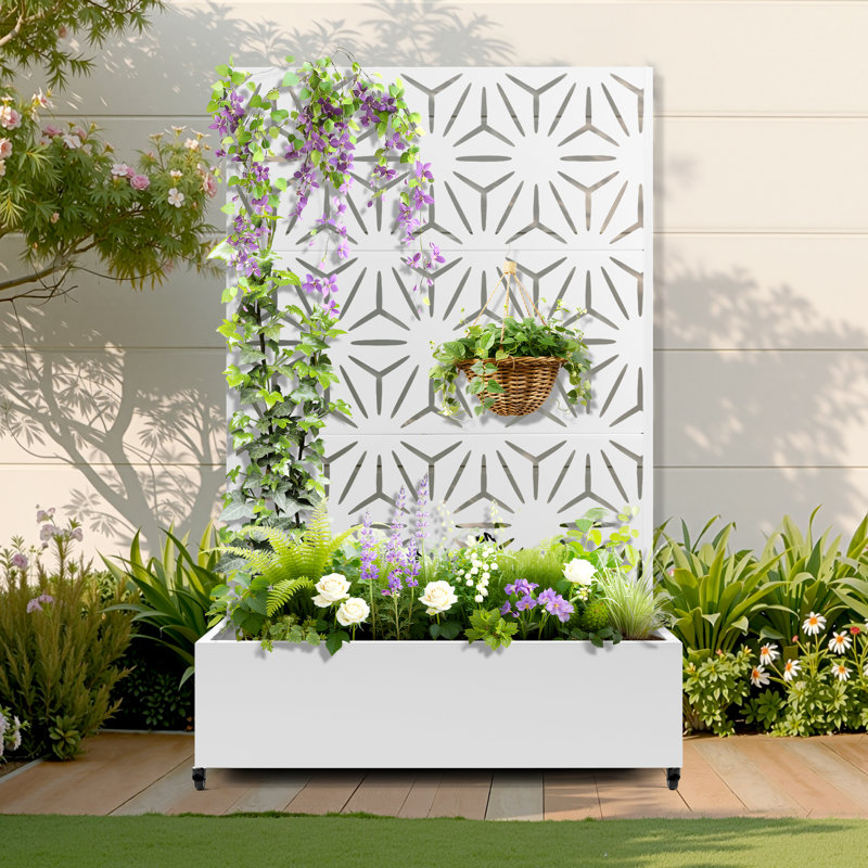 Lit de jardin surélevé avec treillis sur roulettes - Boîte à fleurs polyvalente en métal avec treillis, boîtes à fleurs multi-styles avec écran d'intimité en treillis pour patio et jardin
